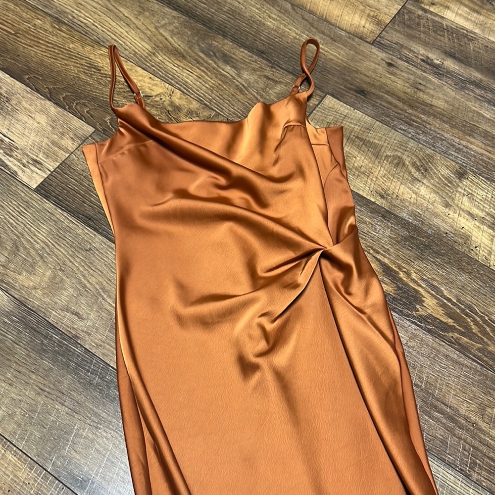 Brand new copper rust dress feels like satin but its thicker and more flattering
